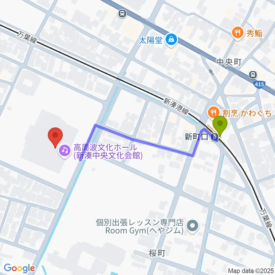 高周波文化ホールの最寄駅新町口駅からの徒歩ルート（約5分）地図