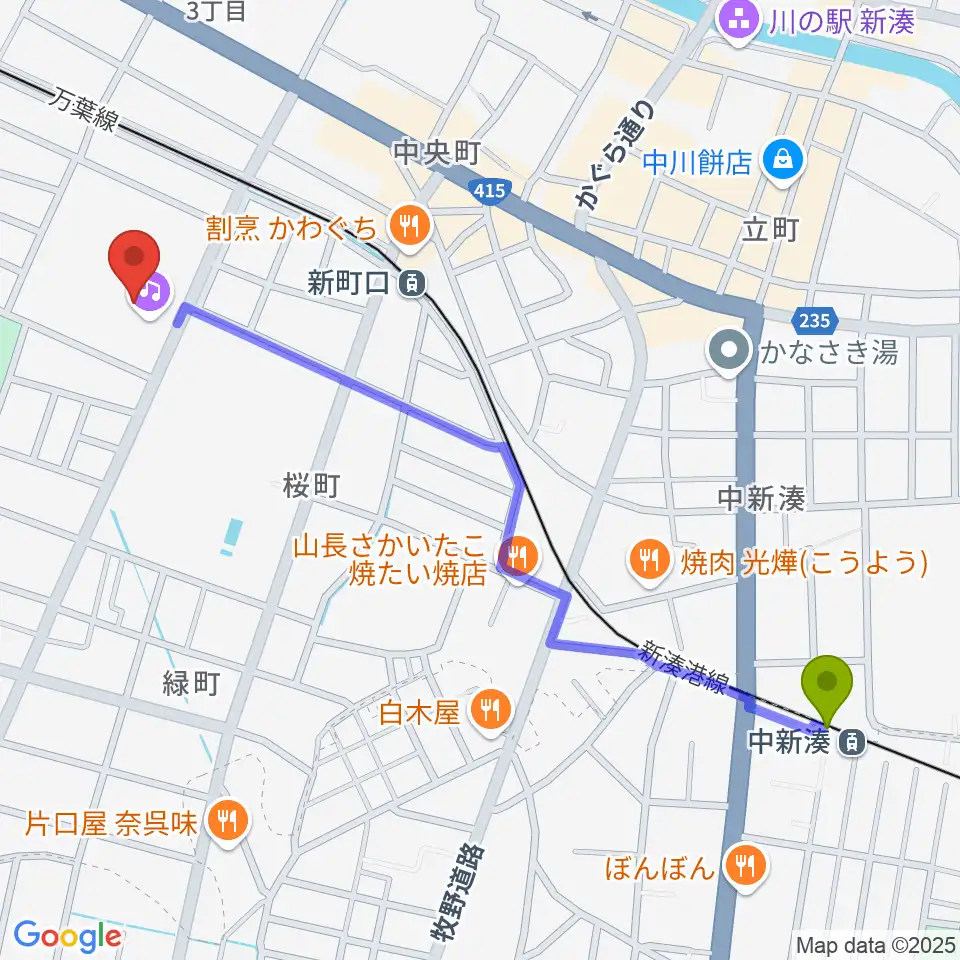 中新湊駅から高周波文化ホールへのルートマップ地図