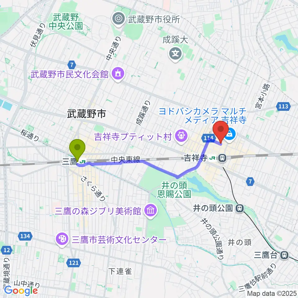 三鷹駅から吉祥寺サムタイムへのルートマップ地図