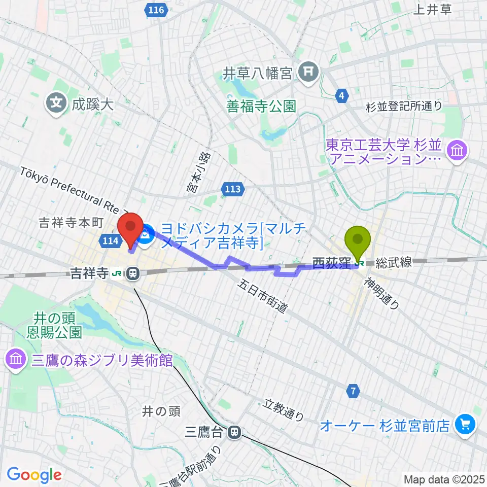 西荻窪駅から吉祥寺サムタイムへのルートマップ地図