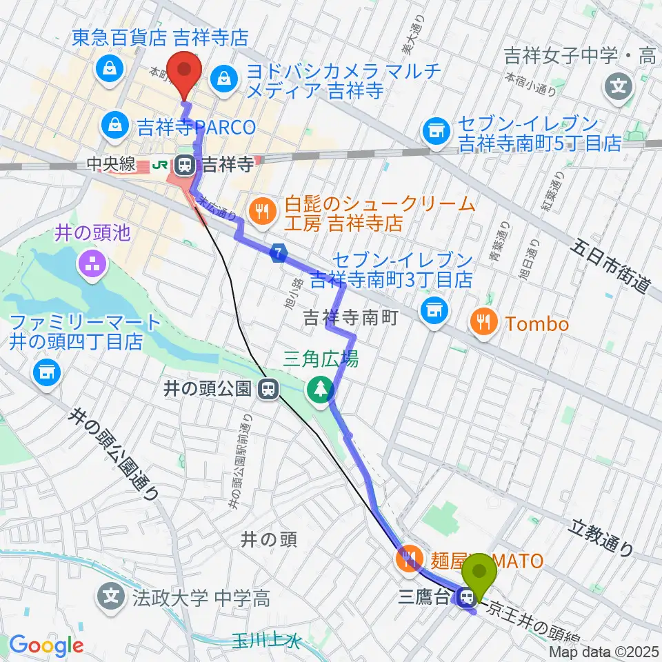 三鷹台駅から吉祥寺サムタイムへのルートマップ地図