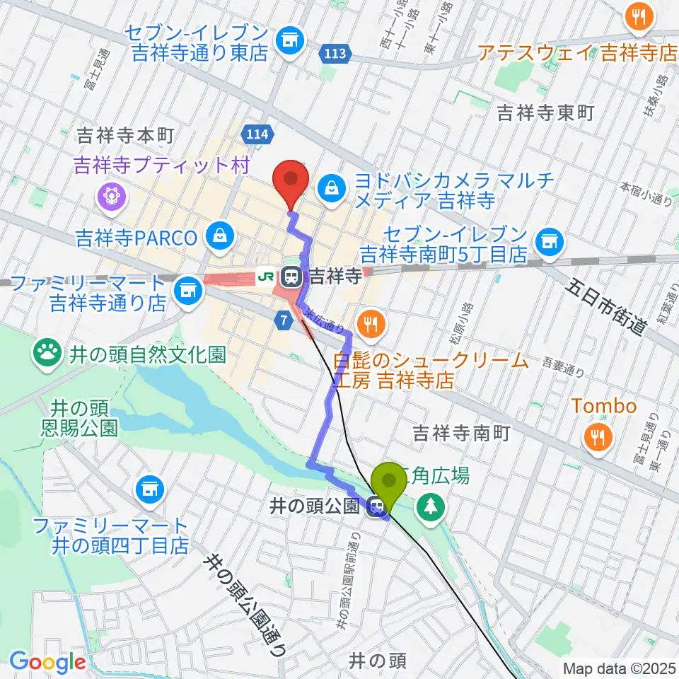 井の頭公園駅から吉祥寺サムタイムへのルートマップ地図