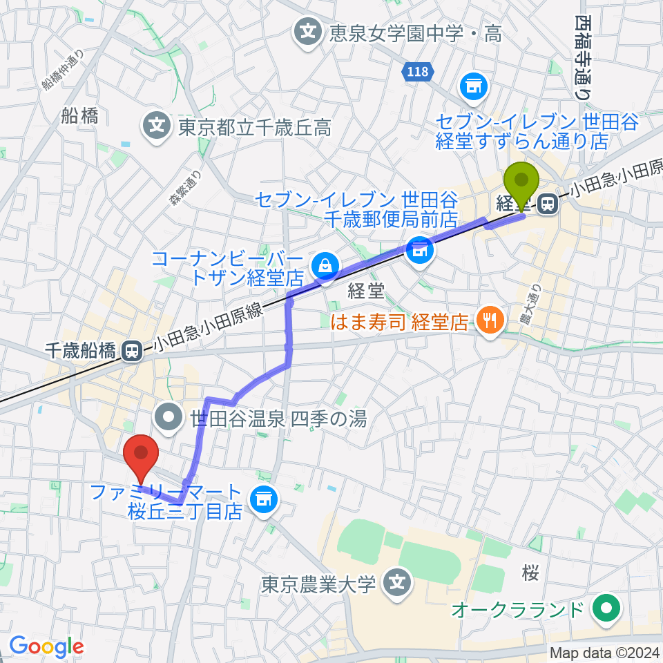 経堂駅から武田ゆりヴァイオリン教室へのルートマップ地図