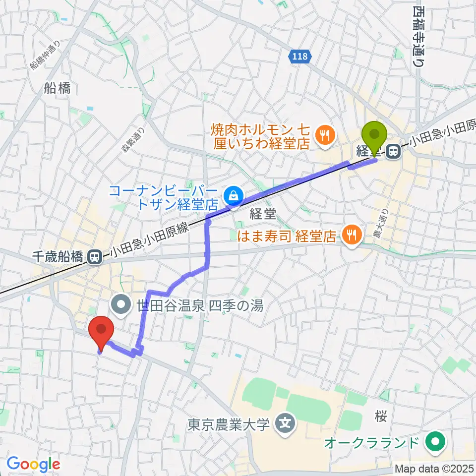 経堂駅から武田ゆりヴァイオリン教室へのルートマップ地図