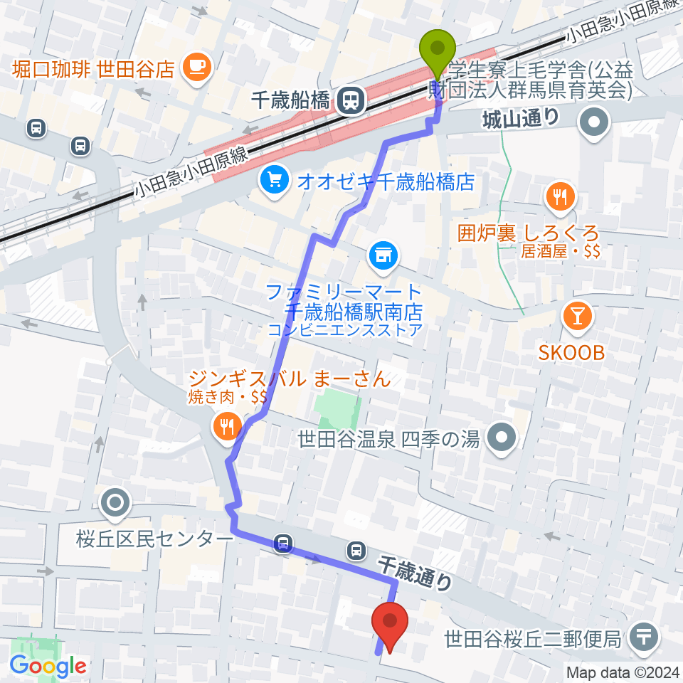 武田ゆりヴァイオリン教室の最寄駅千歳船橋駅からの徒歩ルート（約7分）地図