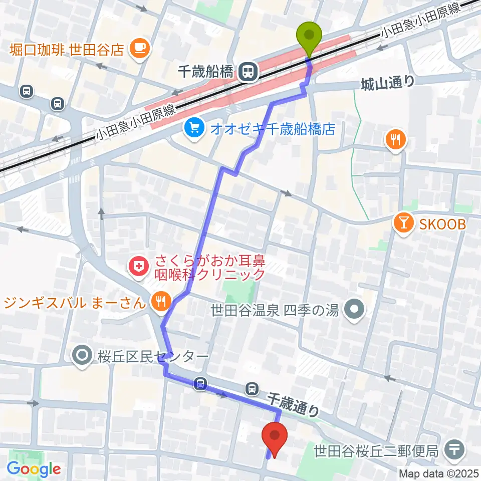 武田ゆりヴァイオリン教室の最寄駅千歳船橋駅からの徒歩ルート（約6分）地図