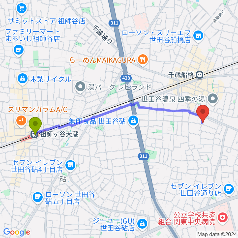 祖師ヶ谷大蔵駅から武田ゆりヴァイオリン教室へのルートマップ地図