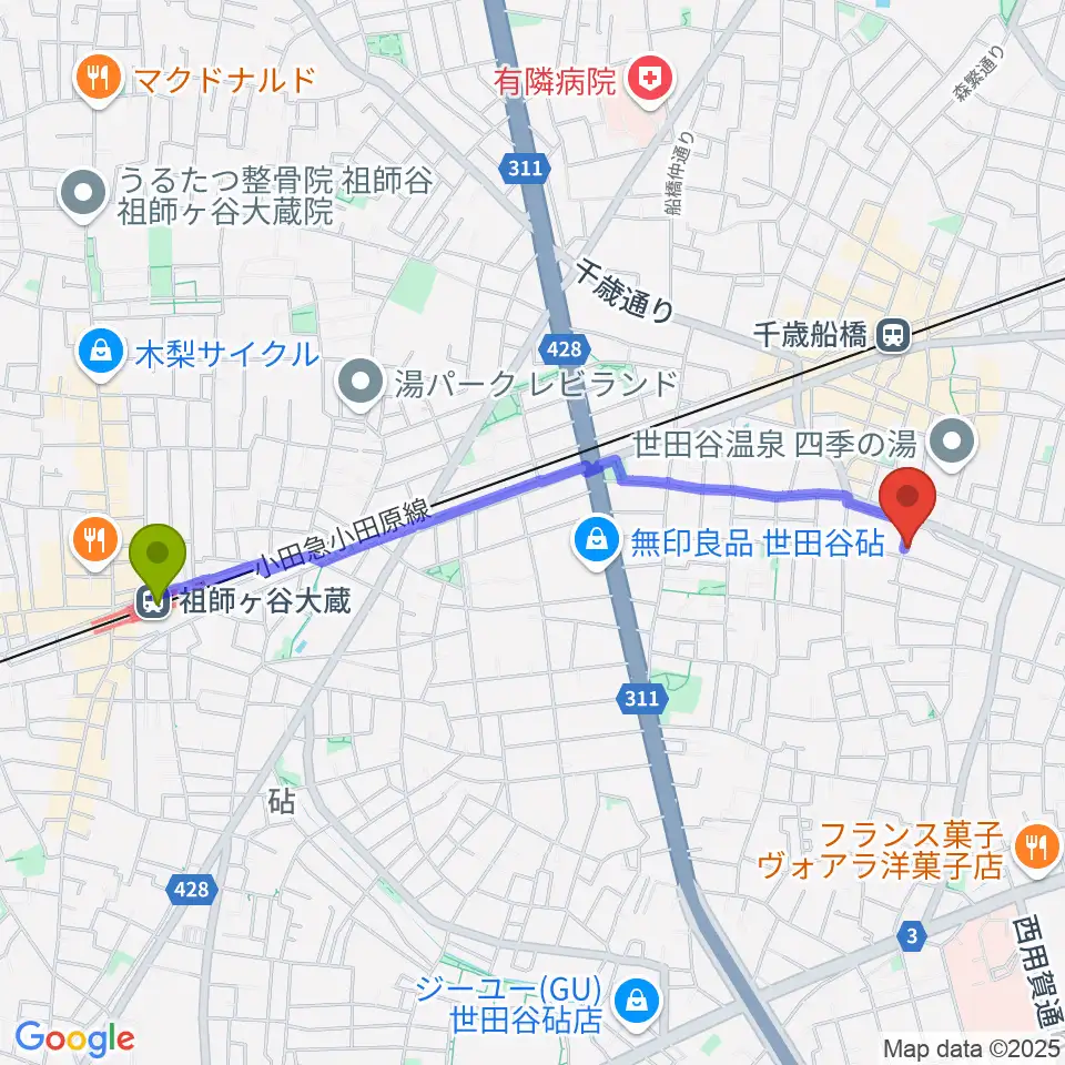祖師ヶ谷大蔵駅から武田ゆりヴァイオリン教室へのルートマップ地図