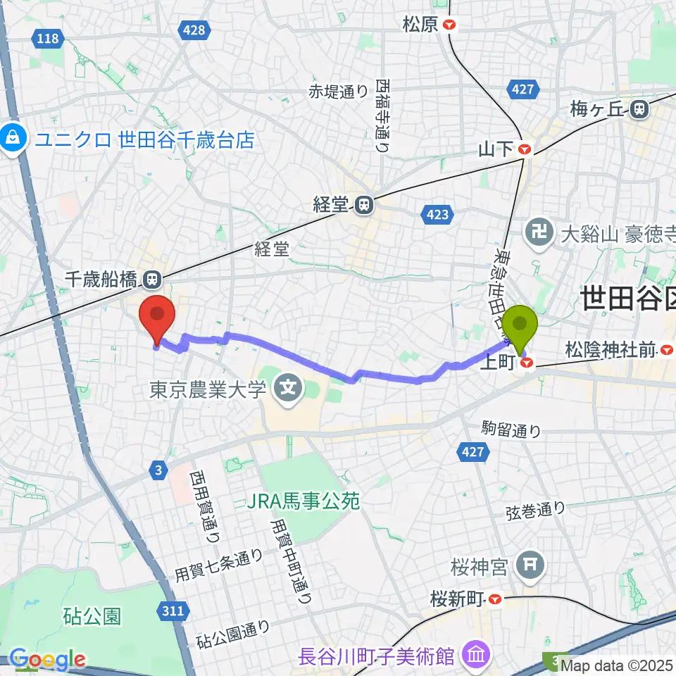 上町駅から武田ゆりヴァイオリン教室へのルートマップ地図