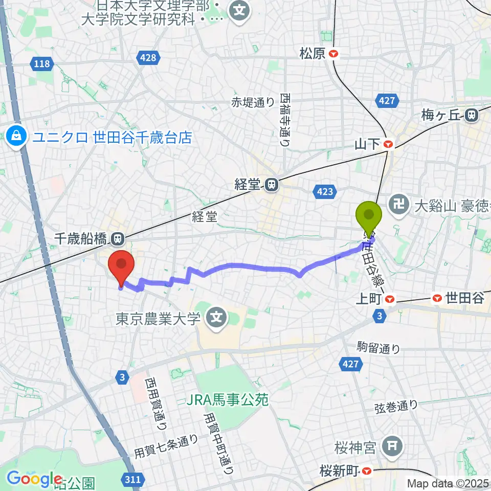 宮の坂駅から武田ゆりヴァイオリン教室へのルートマップ地図