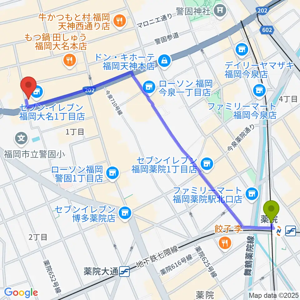 薬院駅からボーカルレッスンミュウ天神校へのルートマップ地図