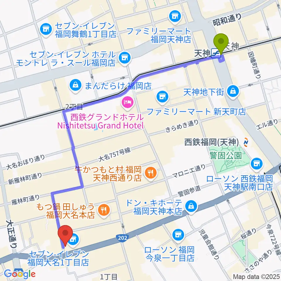 天神駅からボーカルレッスンミュウ天神校へのルートマップ地図