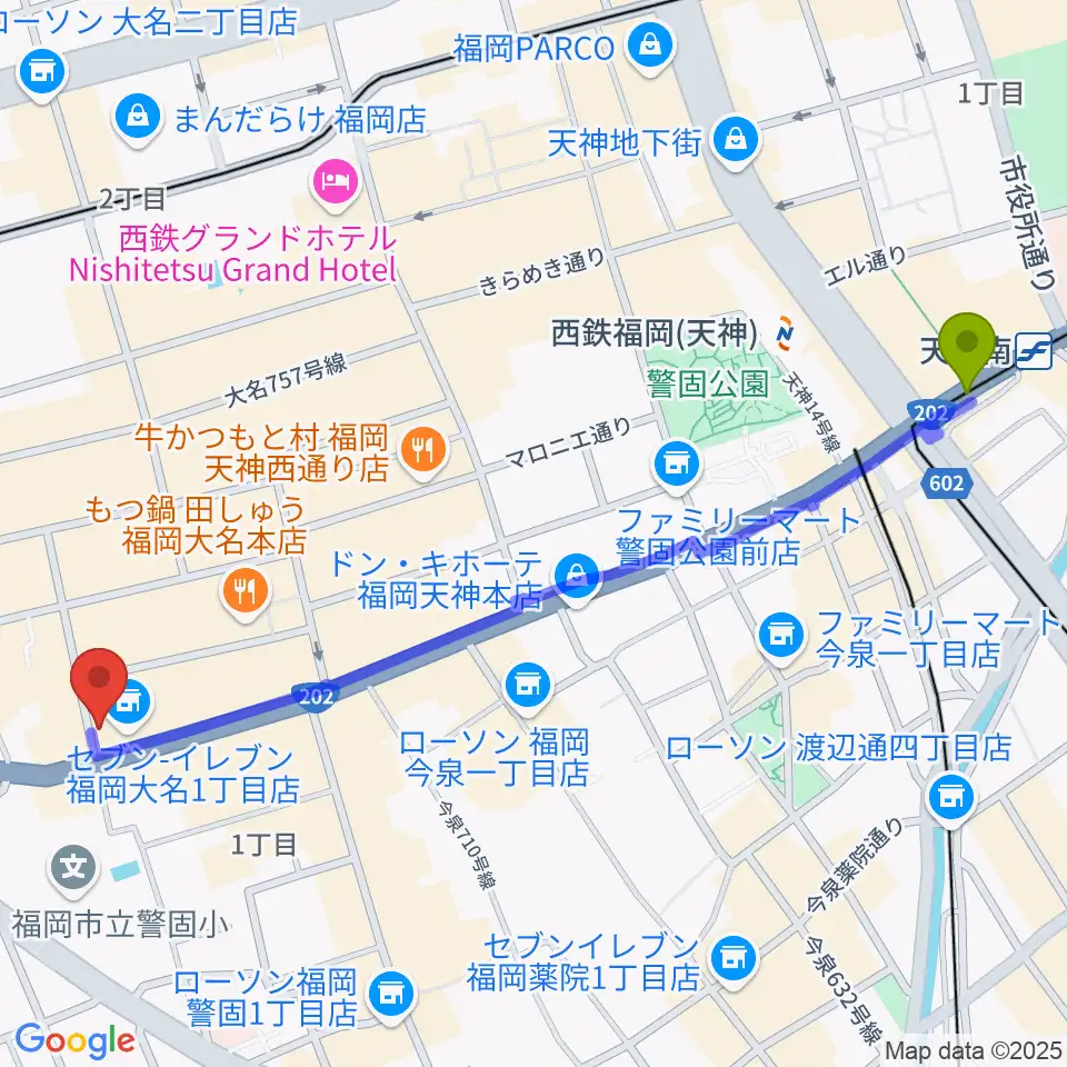 天神南駅からボーカルレッスンミュウ天神校へのルートマップ地図