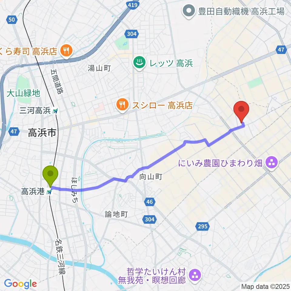 高浜港駅からピアノホールFへのルートマップ地図