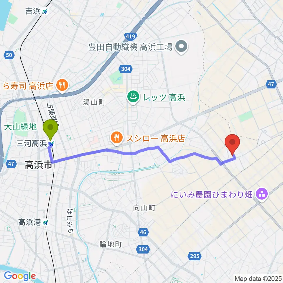 ピアノホールFの最寄駅三河高浜駅からの徒歩ルート（約40分）地図