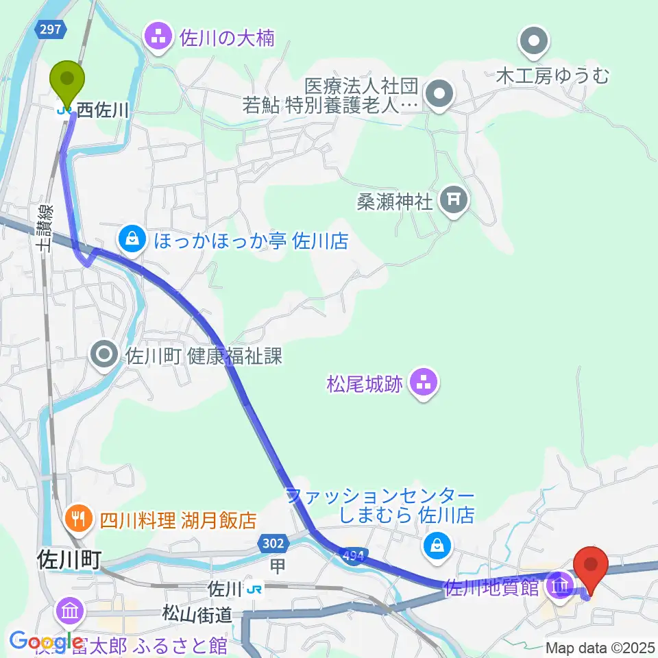 西佐川駅から佐川町立桜座へのルートマップ地図