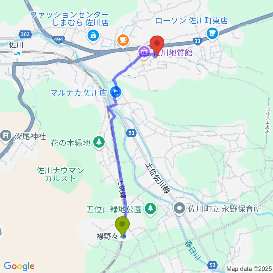 襟野々駅から佐川町立桜座へのルートマップ地図