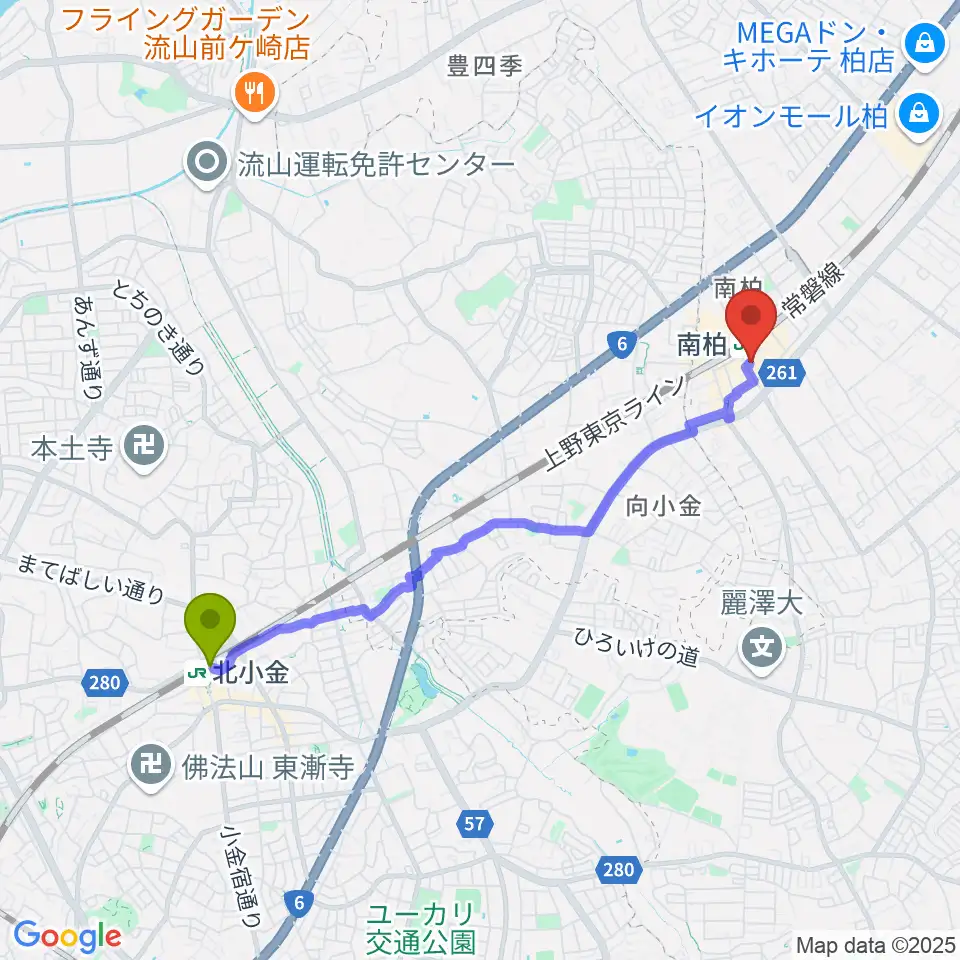 北小金駅からウインズ南柏へのルートマップ地図