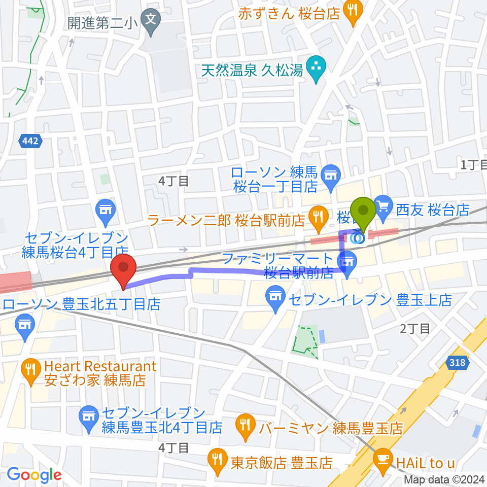 桜台駅から奈良龍二バイオリン教室 練馬教室へのルートマップ地図