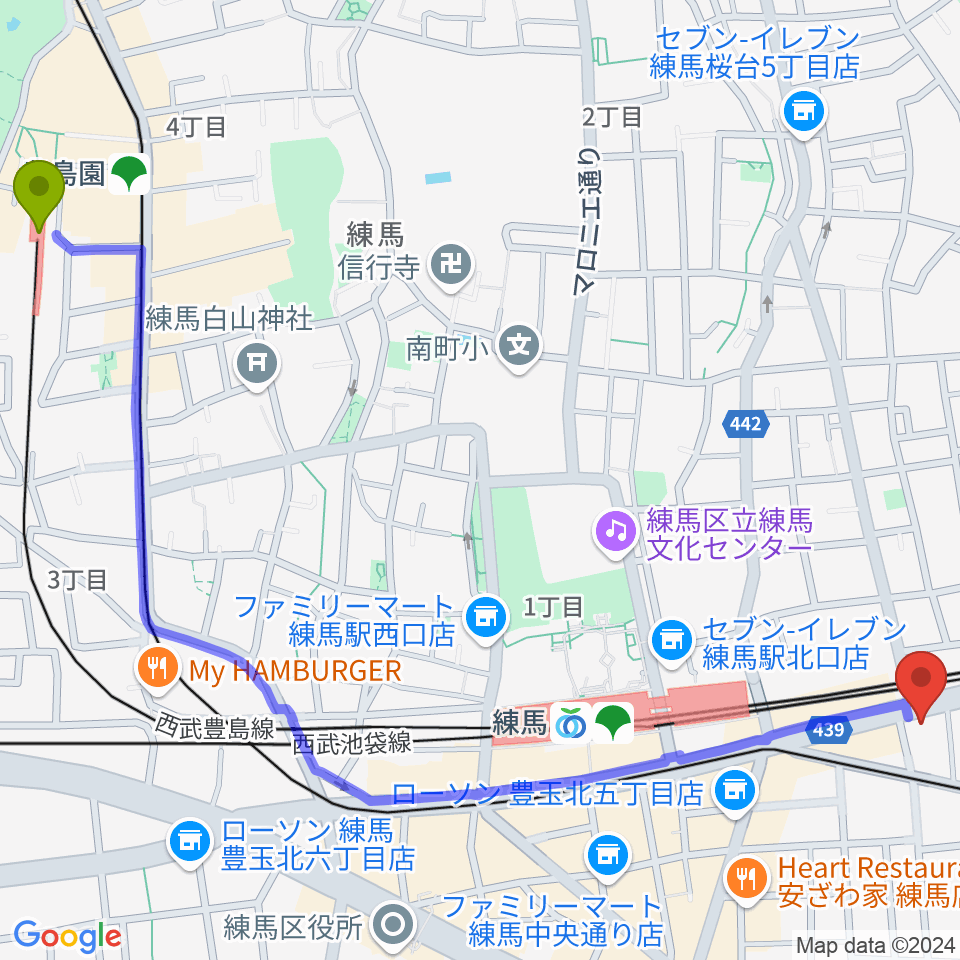 豊島園駅から奈良龍二バイオリン教室 練馬教室へのルートマップ地図