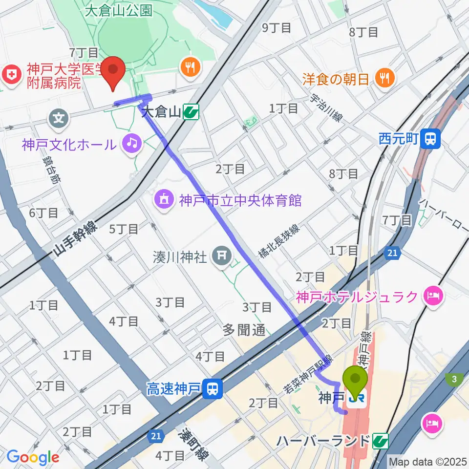 神戸駅から神戸ラピスホールへのルートマップ地図