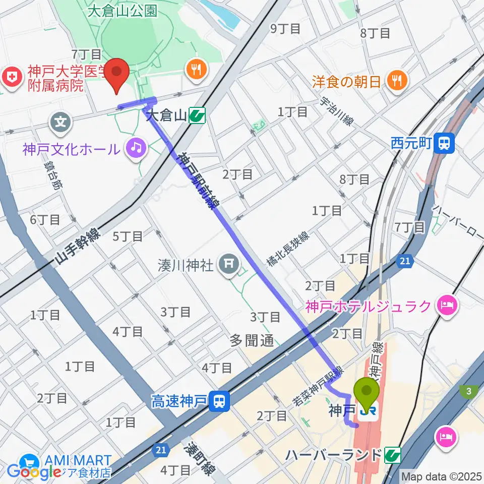 神戸駅から神戸ラピスホールへのルートマップ地図