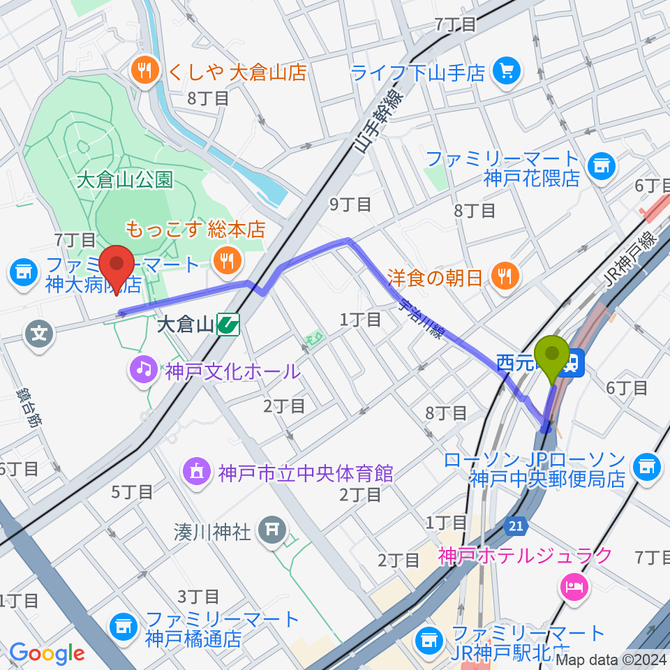 西元町駅から神戸ラピスホールへのルートマップ地図