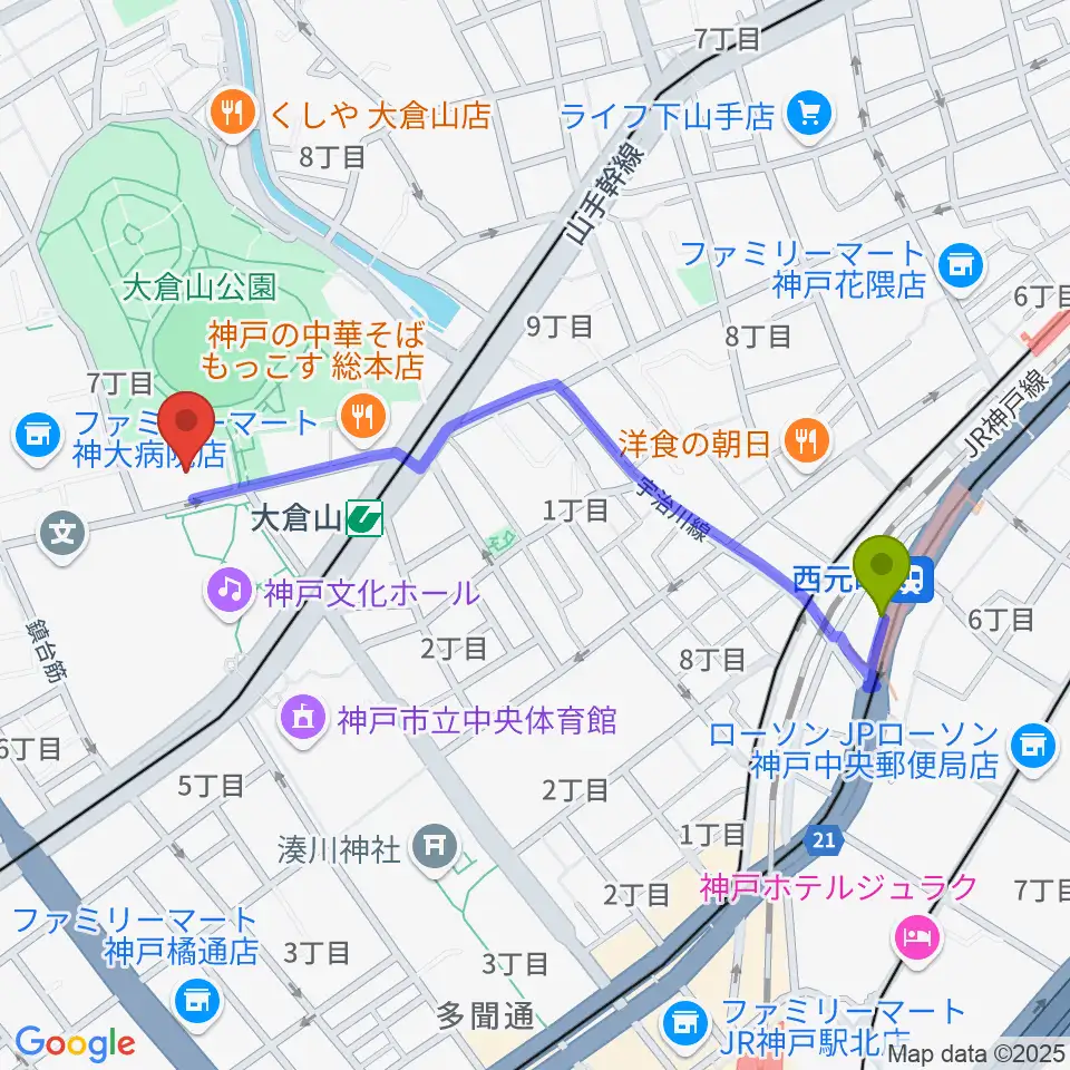 西元町駅から神戸ラピスホールへのルートマップ地図