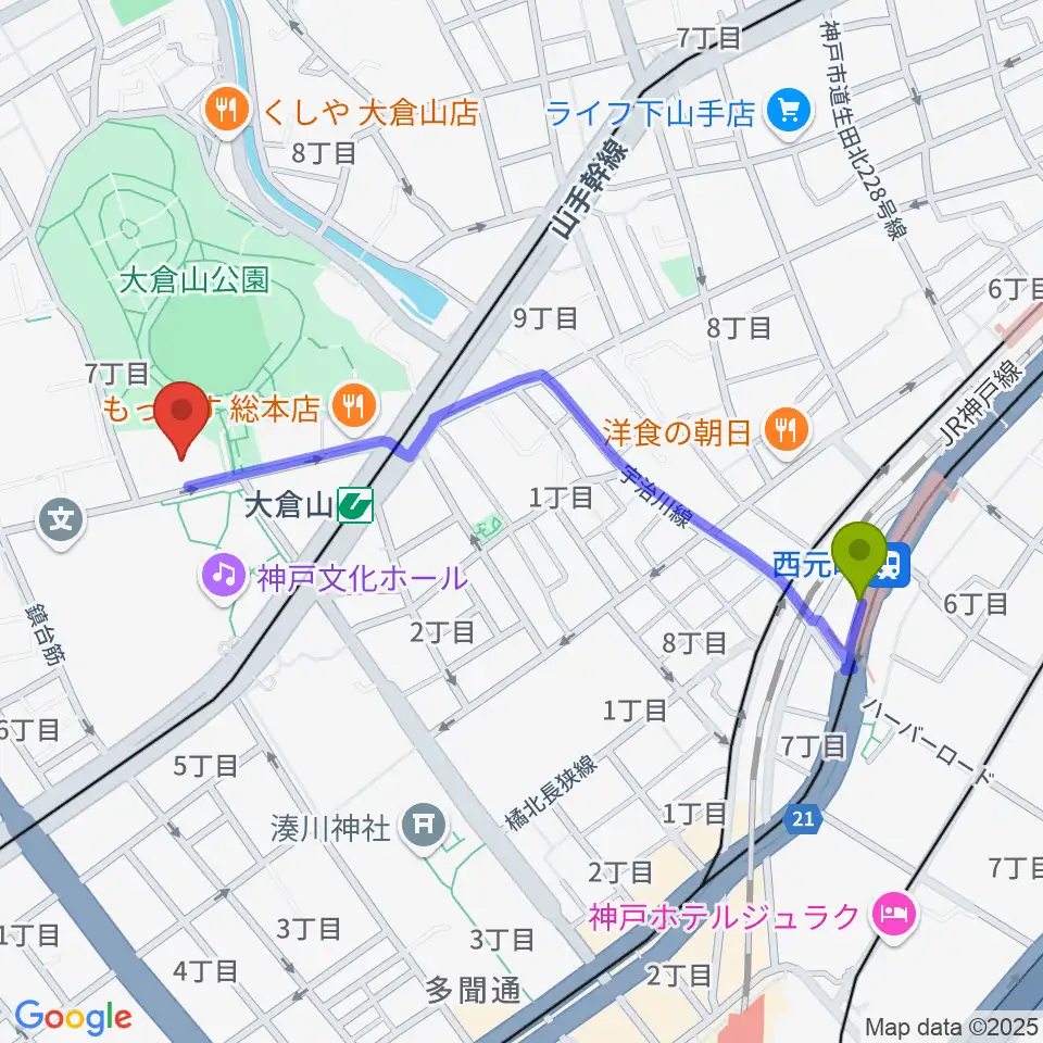 西元町駅から神戸ラピスホールへのルートマップ地図