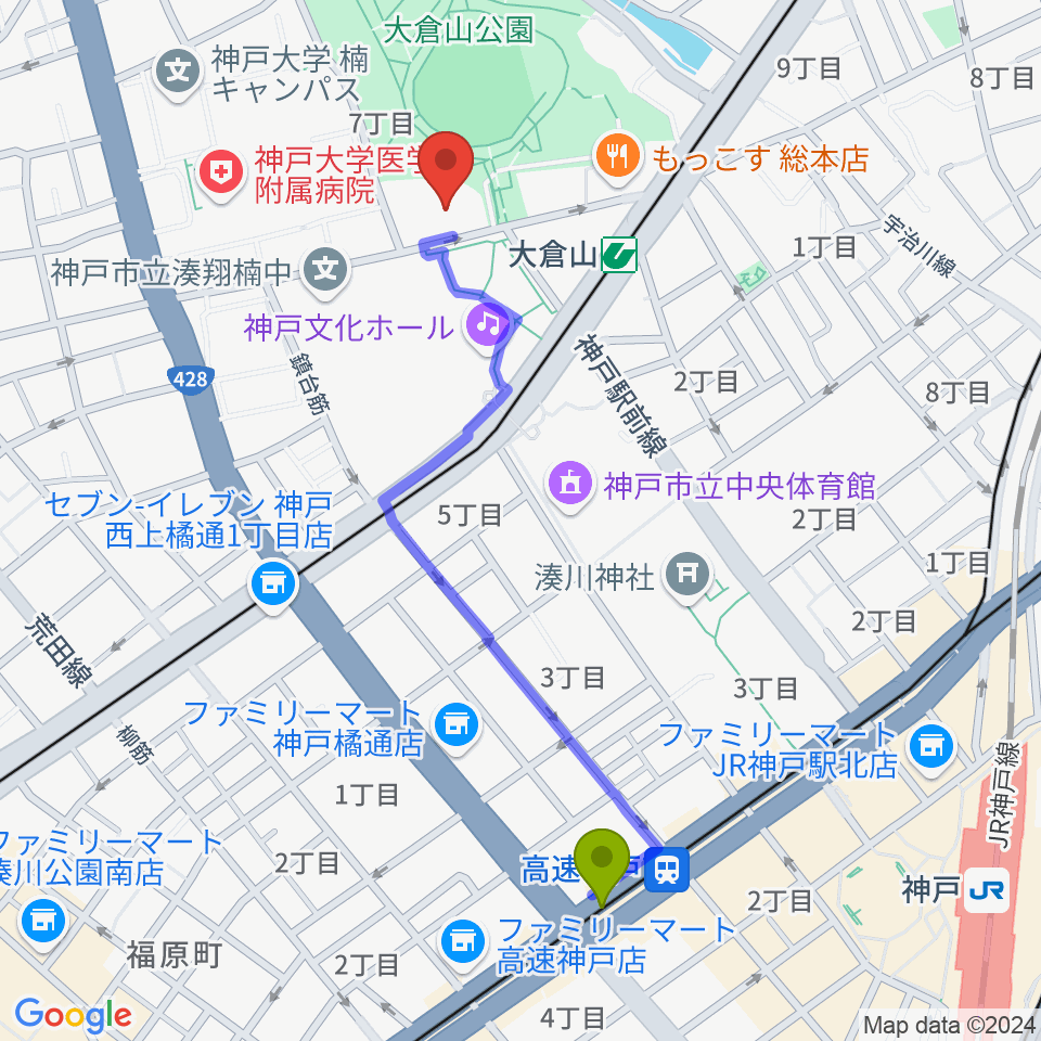 高速神戸駅から神戸ラピスホールへのルートマップ地図