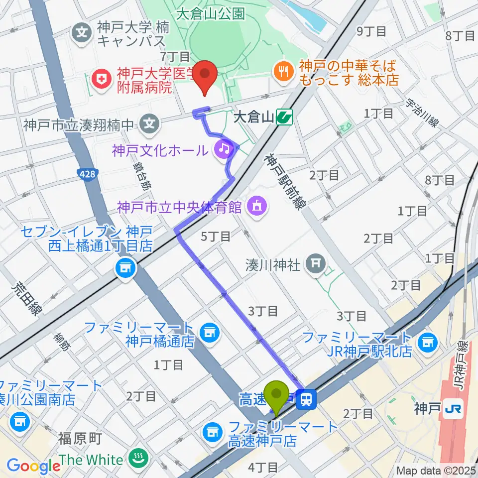 高速神戸駅から神戸ラピスホールへのルートマップ地図