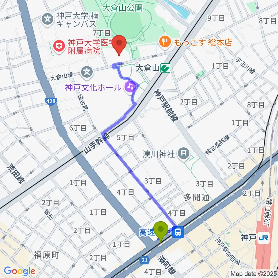 高速神戸駅から神戸ラピスホールへのルートマップ地図