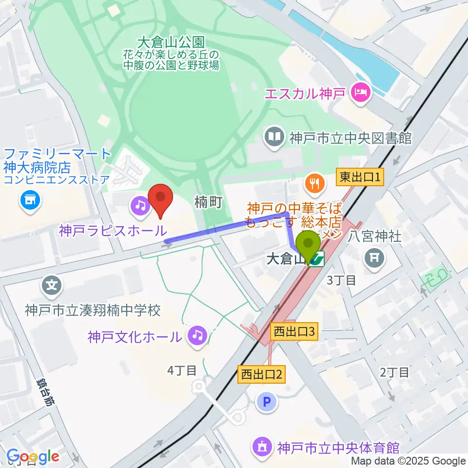 神戸ラピスホールの最寄駅大倉山駅からの徒歩ルート（約3分）地図