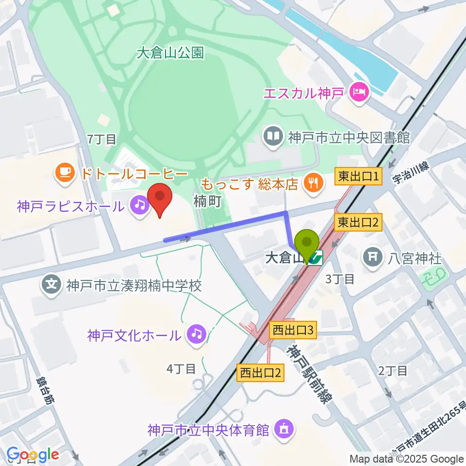 神戸ラピスホールの最寄駅大倉山駅からの徒歩ルート（約3分）地図