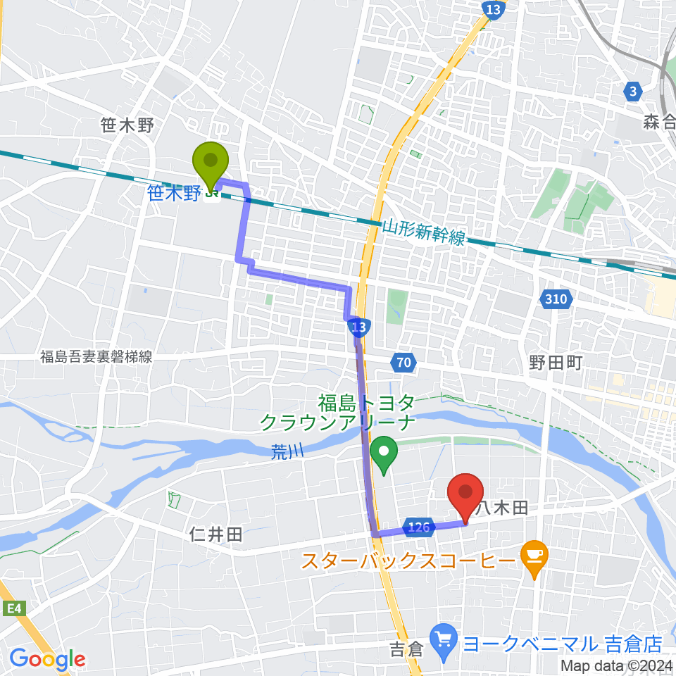 笹木野駅からピアノハウス福島へのルートマップ地図