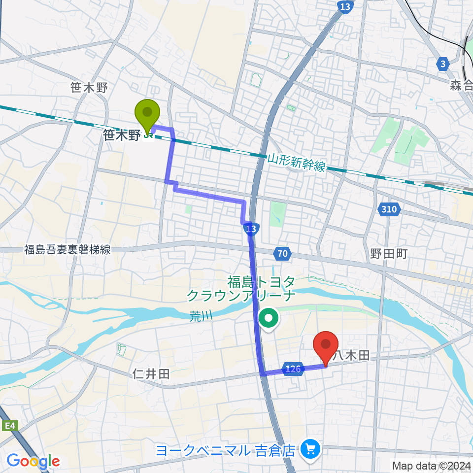 笹木野駅からピアノハウス福島へのルートマップ地図