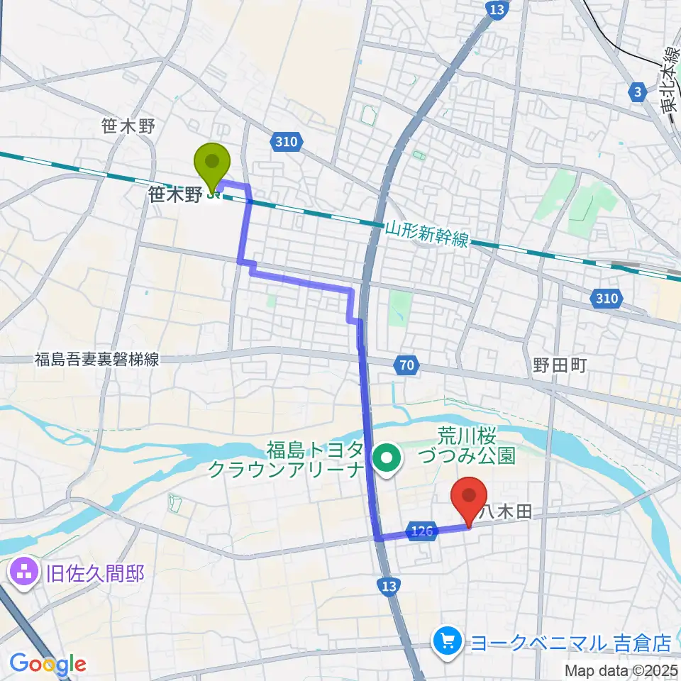 笹木野駅からピアノハウス福島へのルートマップ地図