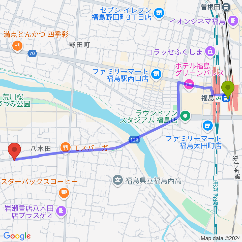 ピアノハウス福島の最寄駅福島駅からの徒歩ルート（約28分）地図