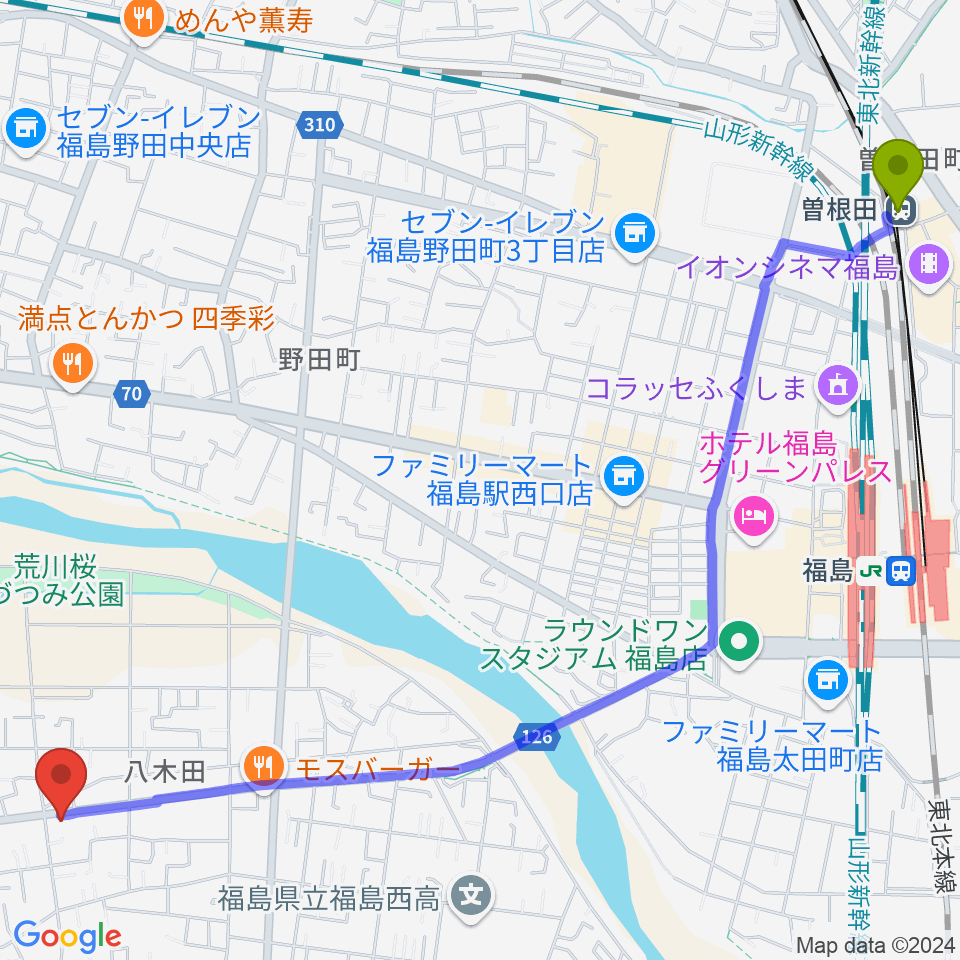 曽根田駅からピアノハウス福島へのルートマップ地図