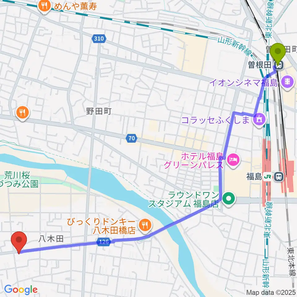 曽根田駅からピアノハウス福島へのルートマップ地図