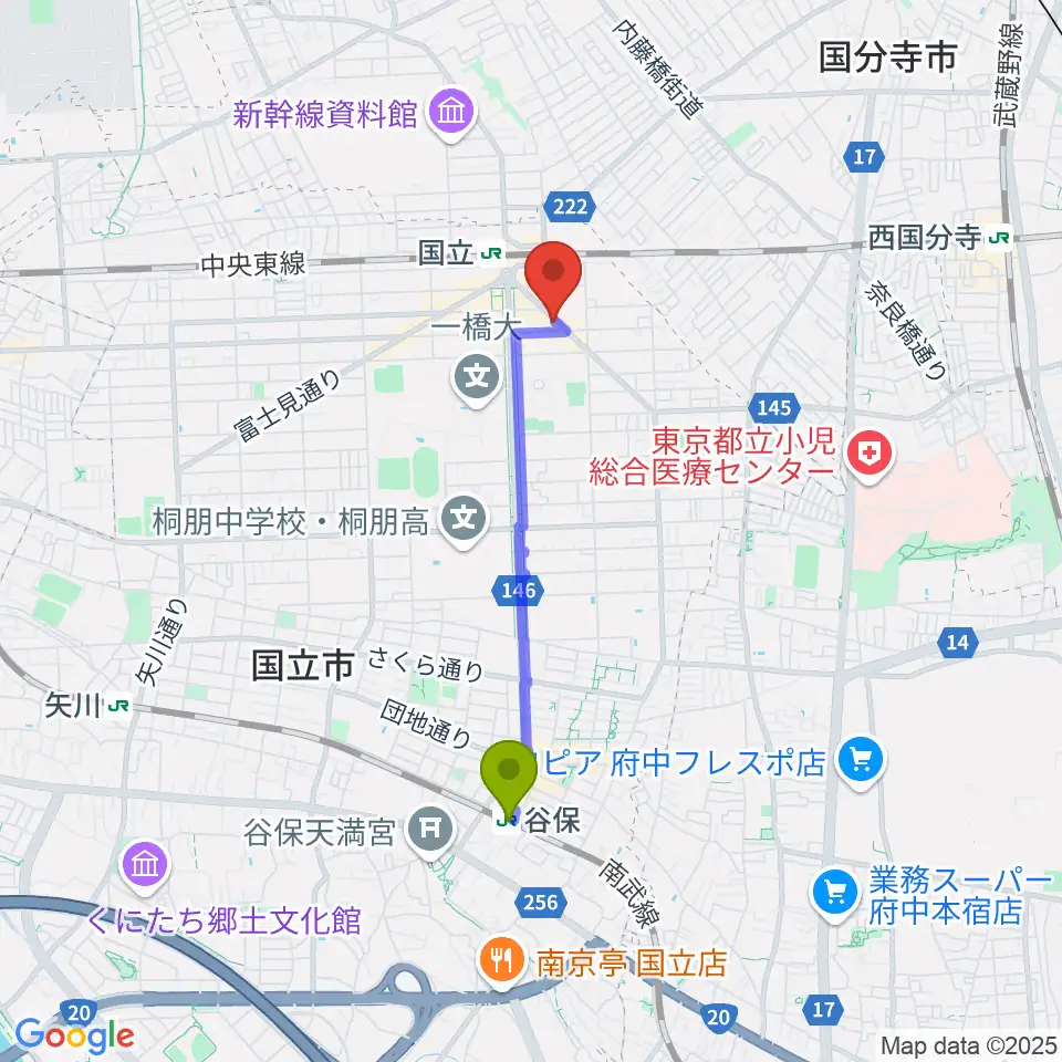 谷保駅から国立はっぽんへのルートマップ地図