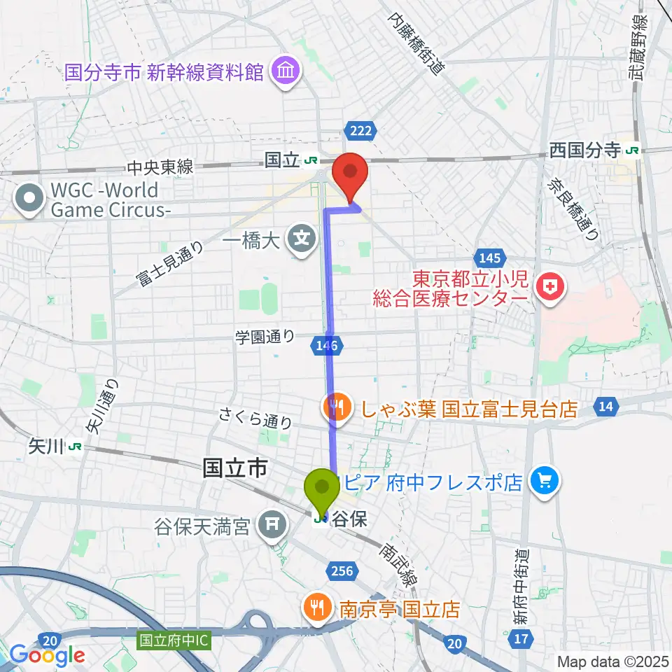 谷保駅から国立はっぽんへのルートマップ地図