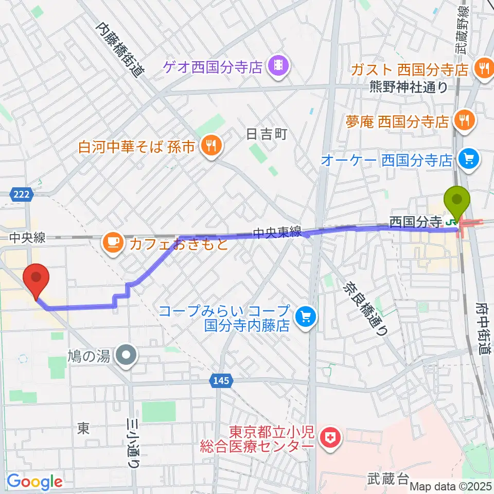 西国分寺駅から国立はっぽんへのルートマップ地図
