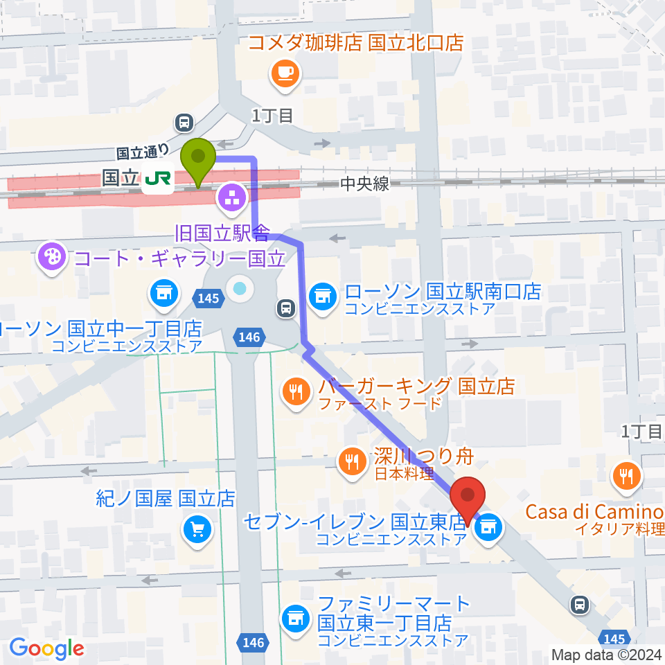 国立はっぽんの最寄駅国立駅からの徒歩ルート（約5分）地図