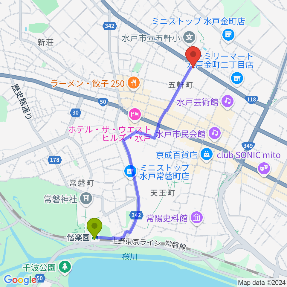 水戸奏楽堂の最寄駅偕楽園駅からの徒歩ルート（約21分）地図