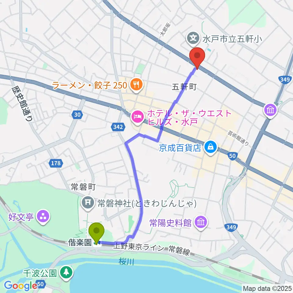 水戸奏楽堂の最寄駅偕楽園駅からの徒歩ルート（約21分）地図