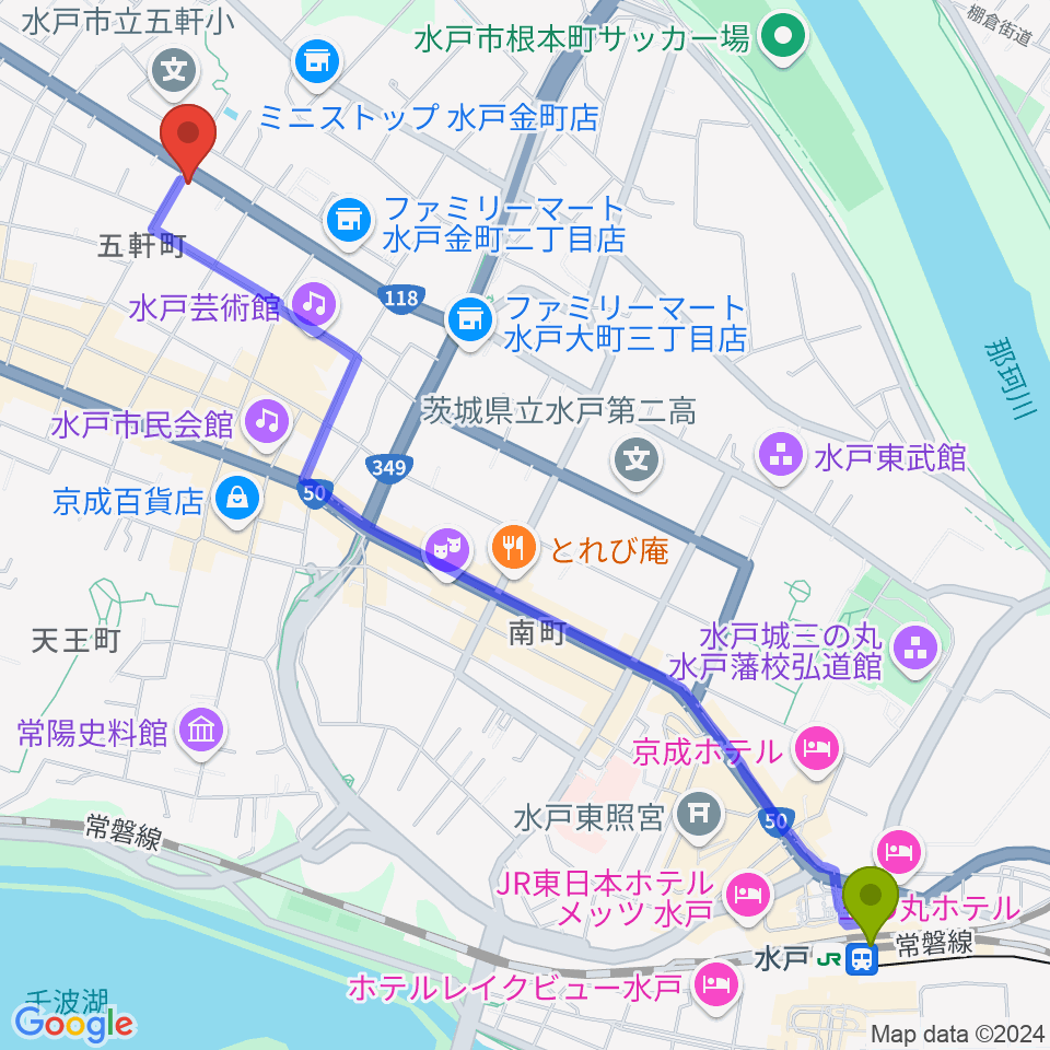 水戸駅から水戸奏楽堂へのルートマップ地図