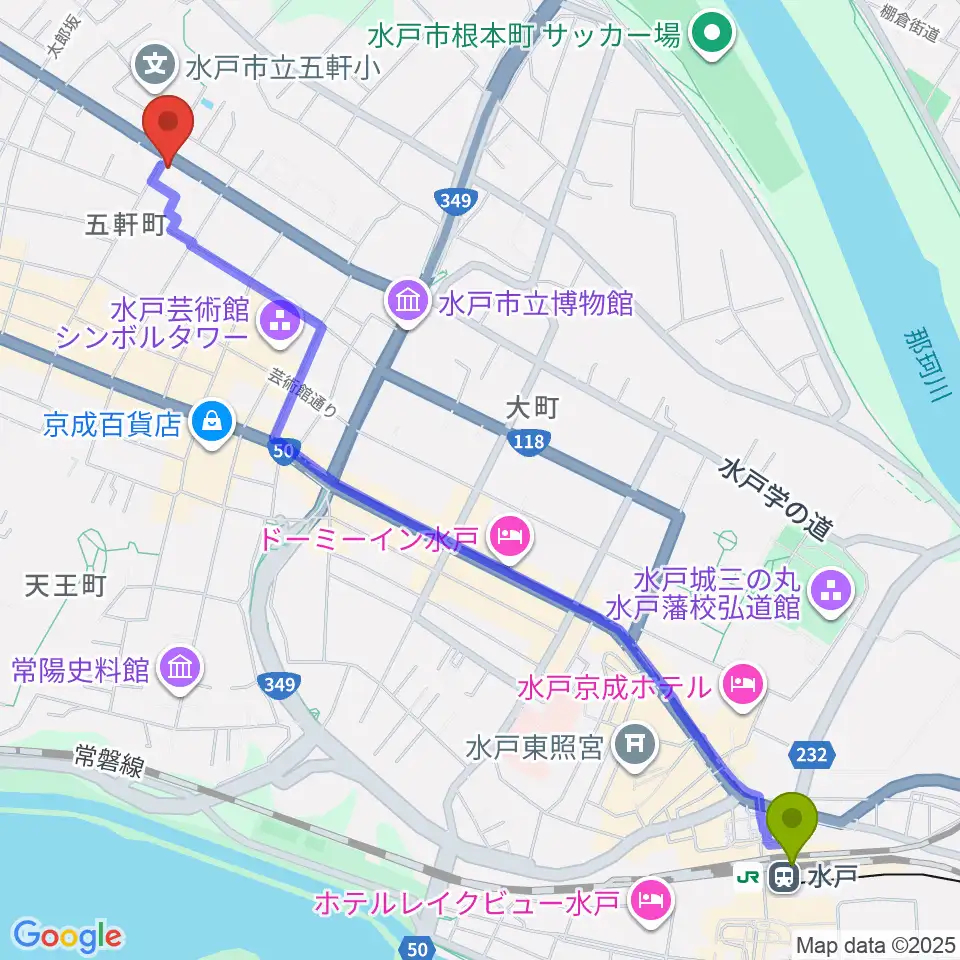 水戸駅から水戸奏楽堂へのルートマップ地図