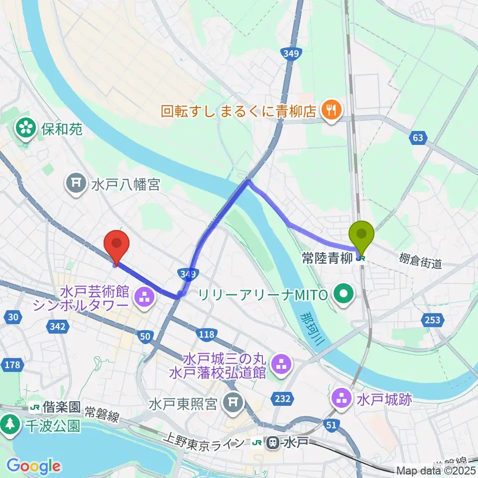 常陸青柳駅から水戸奏楽堂へのルートマップ地図