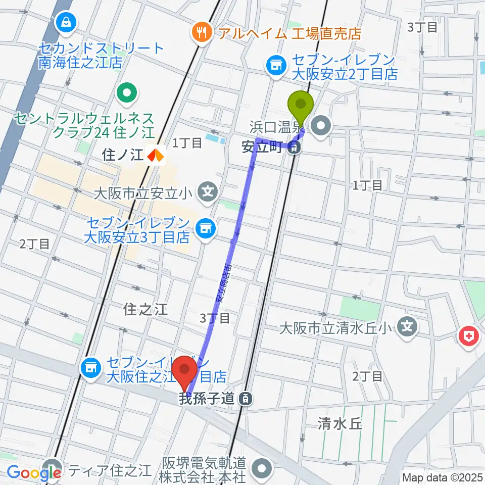 安立町駅からアンリュウリコーダーギャラリーへのルートマップ地図